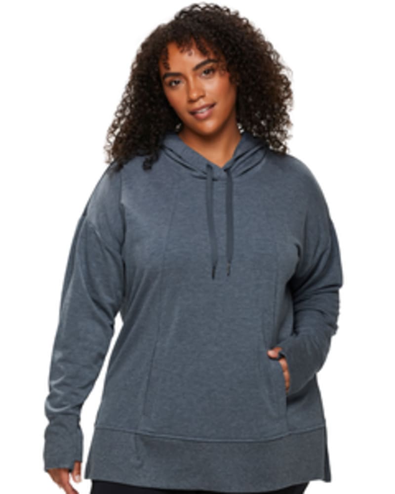 Front of a model wearing a size 1X Weekend Fleece Hoodie in Blue by RBX Active. | dia_product_style_image_id:244857